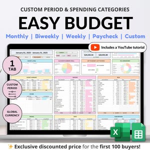Pode incluir: Um laptop exibe uma planilha colorida intitulada "EASY BUDGET" com o texto "CUSTOM PERIOD & SPENDING CATEGORIES". A tela mostra resumos de orçamento, acompanhamento de despesas e gerenciamento de contas. Inclui um tutorial do YouTube. O texto "Exclusive discounted price for the first 100 buyers!" está na parte inferior.