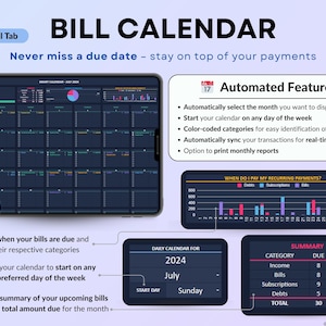 Income and Expense Tracker Spreadsheet in dark mode. Personal finance template for Google Sheets and Excel featuring transaction log, dashboards, annual totals, automated calendar, 12 monthly tabs, sinking funds, debt calculator, net worth tracker, and no-spend challenge.