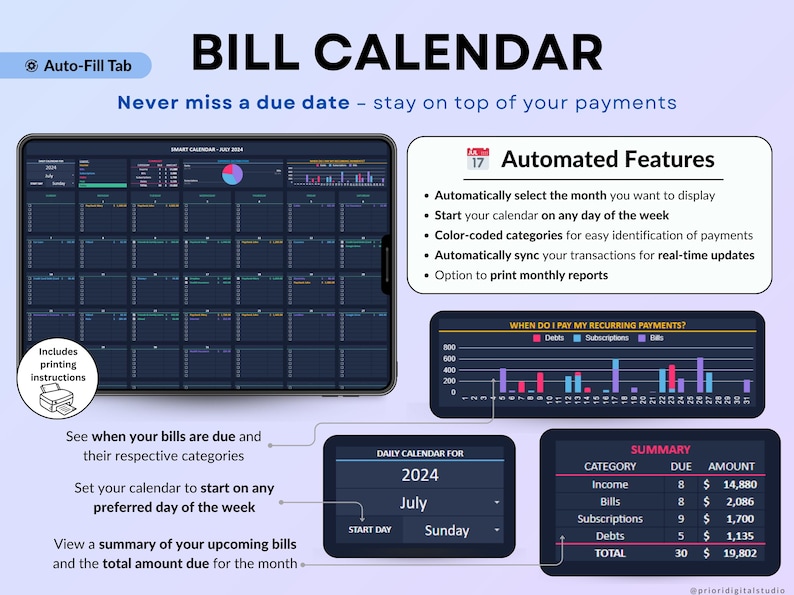 Income and Expense Tracker Spreadsheet in dark mode. Personal finance template for Google Sheets and Excel featuring transaction log, dashboards, annual totals, automated calendar, 12 monthly tabs, sinking funds, debt calculator, net worth tracker, and no-spend challenge.