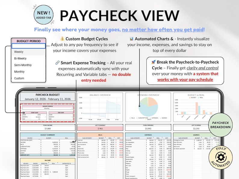 Ultimate Budget Spreadsheet Multicolored theme for Google Sheets & Excel – Annual and Monthly Budget Tracker with Bill, Debt & Savings Tracking. Includes recurring transactions, subscriptions, income, and expenses. Perfect personal finance planner for couples or families (up to 6 users). Start anytime and manage your money with ease.