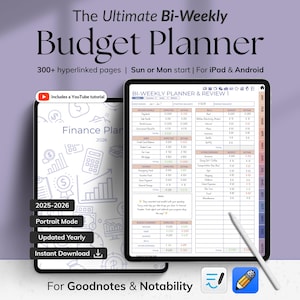 Può includere: Un pianificatore di budget bisettimanale digitale visualizzato su due tablet. Il pianificatore include oltre 300 pagine con collegamenti ipertestuali, con opzioni di avvio domenica o lunedì, ed è progettato per iPad e Android. L'immagine include anche il testo "Finance Plan 2026".