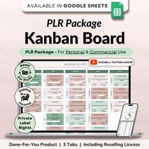 Può includere: Immagine di un prodotto digitale che mostra un modello di bacheca Kanban su uno schermo di un laptop, con uno smartphone che mostra dati. Il testo recita "PLR Package Kanban Board" e include icone "Resell For Profit" e "Passive Income".