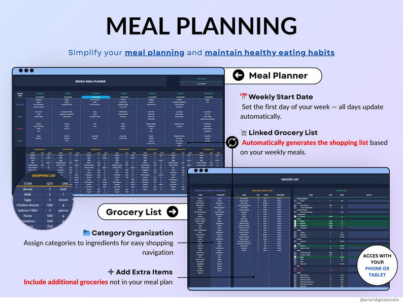 Dark mode ADHD Life Planner designed in Google Sheets and Excel to help you stay organized with an all-in-one digital dashboard. Includes a 2026 calendar, weekly and monthly planners, to-do lists, time blocking, goal tracking, habit tracker, budget and savings trackers, debt tracker, meal planner, grocery list, fitness and hydration trackers. A simple, modern, and easy-to-use spreadsheet template for everyday life management.