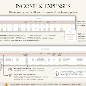 Rental Property Tracker Landlord Spreadsheet Multi Property Income and Expense Excel Google Sheets Rental Bookkeeping Rent Payment Tracker Tenant Ledger Property Management Real Estate Finances