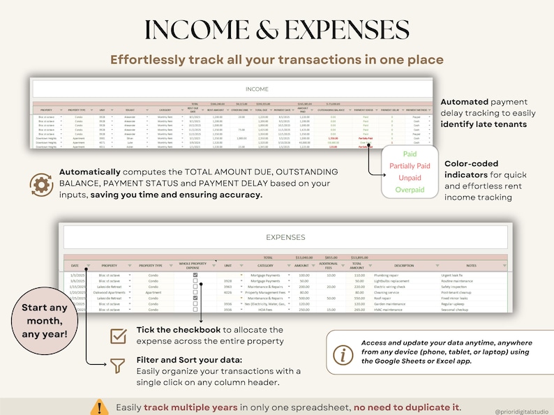 Rental Property Tracker Landlord Spreadsheet Multi Property Income and Expense Excel Google Sheets Rental Bookkeeping Rent Payment Tracker Tenant Ledger Property Management Real Estate Finances