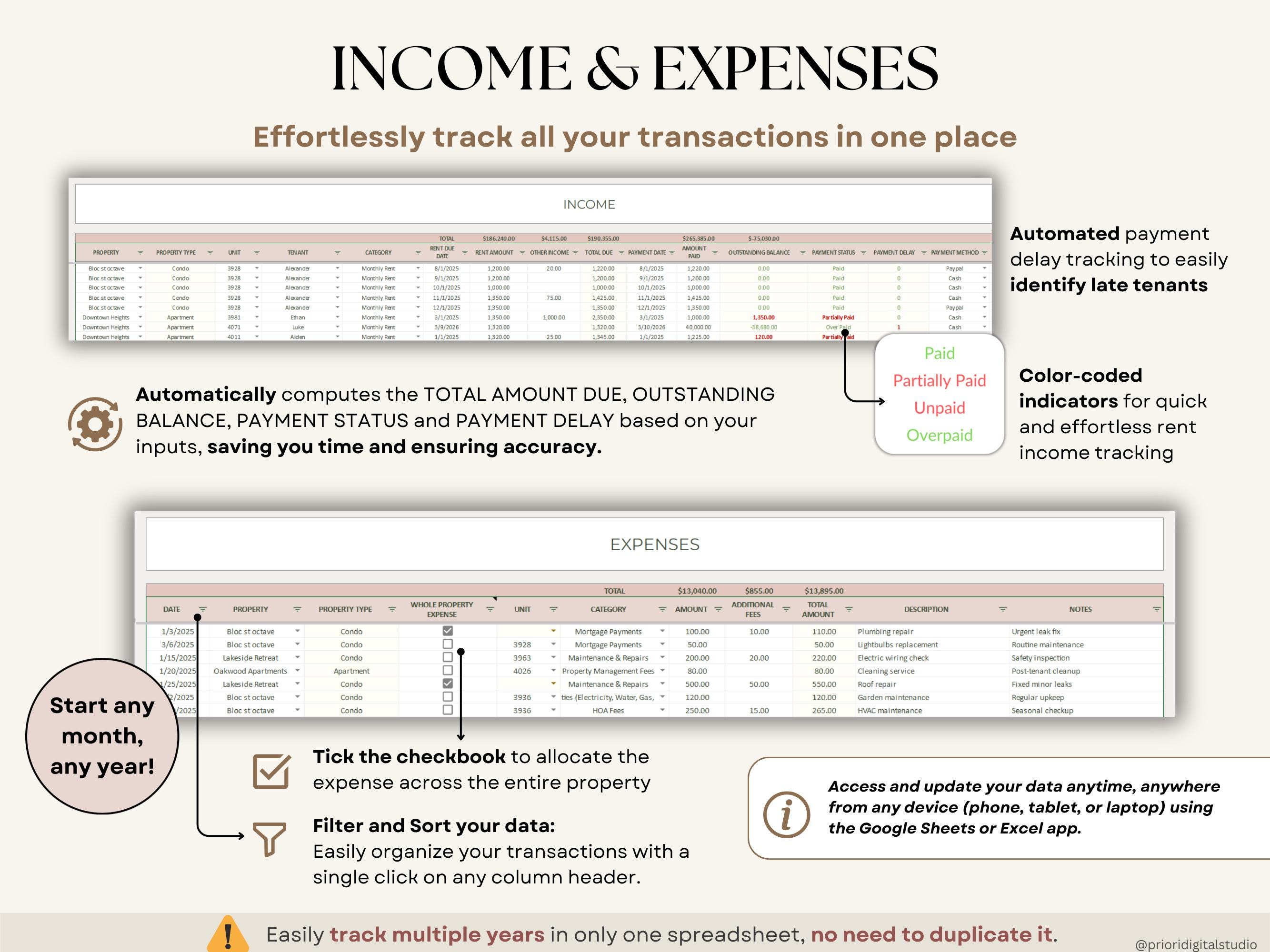 Rental Property Tracker Google Sheets Landlord Spreadsheet Multi ...