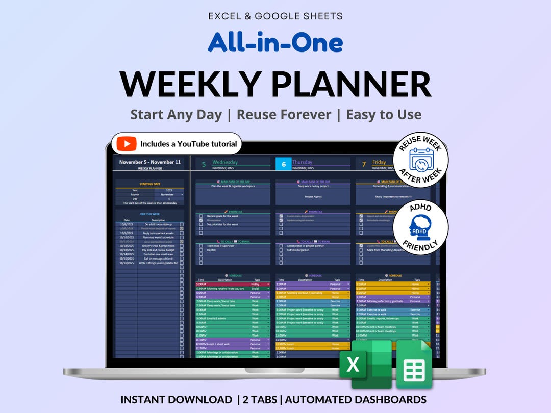 Weekly Planner Daily Task Tracker Dark Mode Spreadsheet Google Sheets ...