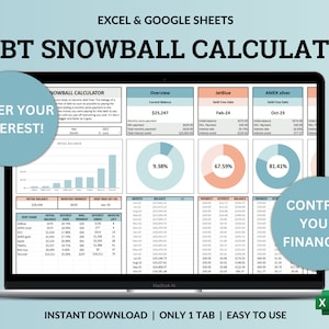 Hoja de cálculo de bola de nieve de deuda Hoja de Google Excel Rastreador de pago de deuda Calculadora de bola de nieve de deuda Pago de préstamos estudiantiles Pago de deuda de la casa Tarjetas de crédito