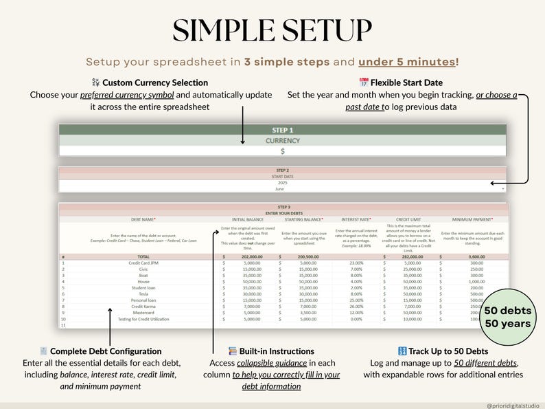 Ultimate Debt Dashboard spreadsheet to track and pay off debt with snowball, avalanche, or custom strategy with custom payment amounts. Includes debt payoff tracker, debt payoff spreadsheet, credit card and loan tracker, mortgage and student loan payoff calculator, credit score tracker and credit utilization tracking, monthly dashboard, repayment calculator. Google Sheets and Excel debt tracker for personal finance, budget planner, financial planner.