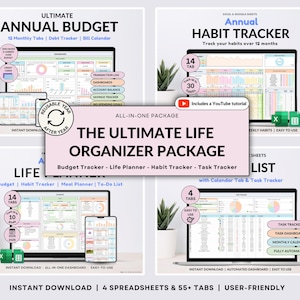 Ultieme jaarlijkse budgetsjabloon Excel Google Spreadsheets Budgetspreadsheet Organisatieplanner Sjabloon levensplanner Gewoontetracker Taaktracker