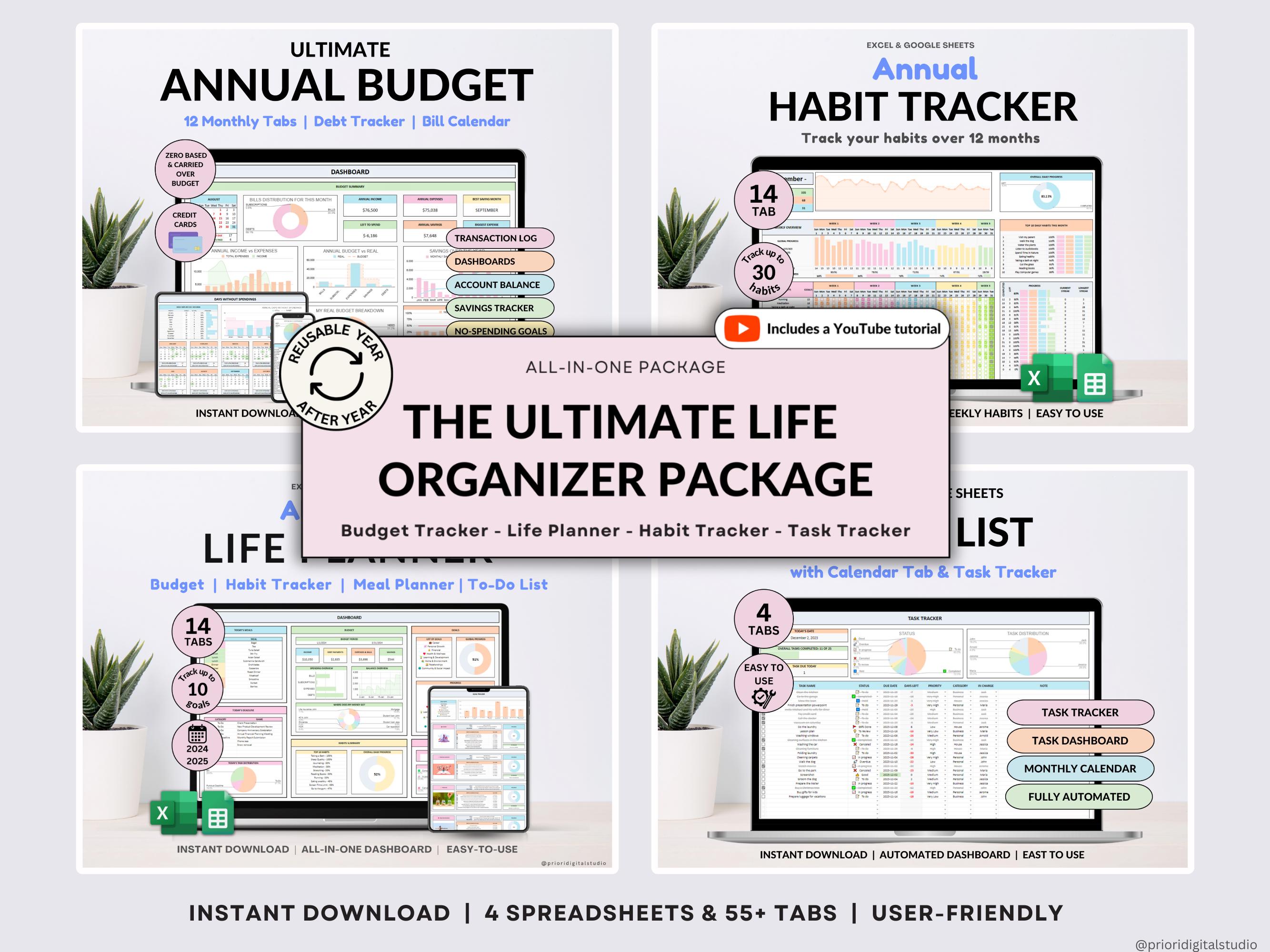 Ultimate Annual Budget Template Excel Google Sheets Budget Spreadsheet Organization Planner Life Planner Template Habit Tracker Task Tracker