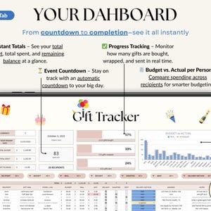 All-Occasion Gift Tracker Spreadsheet for birthdays, weddings, baby showers, and special occasions. Track recipient names, gift ideas, stores, budgets, and spending in one easy dashboard. Monitor progress for each gift, compare budget vs actual costs, and keep everything organized. Works with any currency and simplifies gift planning, shopping, and budgeting for stress-free gifting all year round.
