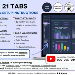 Income and Expense Tracker Spreadsheet in dark mode. Personal finance template for Google Sheets and Excel featuring transaction log, dashboards, annual totals, automated calendar, 12 monthly tabs, sinking funds, debt calculator, net worth tracker, and no-spend challenge.