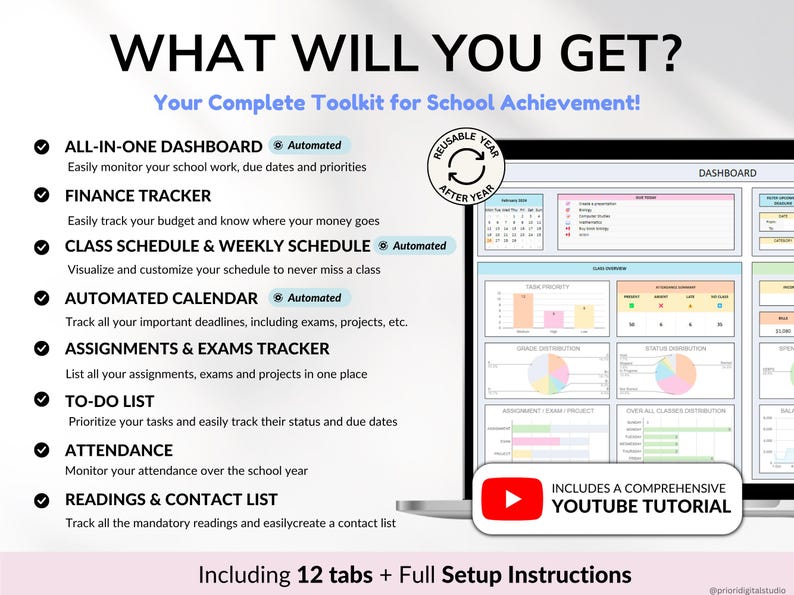All-in-one student planner for college and school! Track assignments, exams, and deadlines. Includes finance tracker, class schedule, weekly calendar, to-do list, attendance log, reading tracker, contact list, and more. Prioritize tasks, monitor schoolwork, and visualize your schedule. Perfect academic planner for staying organized all semester. Ideal for students and college life!