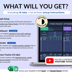 Workout Planner Spreadsheet for Google Sheets & Excel in dark mode featuring a Fitness Tracker, Exercise Log, Gym Planner, Weightlifting Log, Workout Calendar, and Weight Loss Tracker. Track sets, reps, weight, cardio workouts, and training progress with automated dashboards, workout analytics, exercise tracking, monthly calendar views, and yearly fitness reports. Perfect for gym training, Pilates, athletic training, health and wellness, and personal fitness goals.