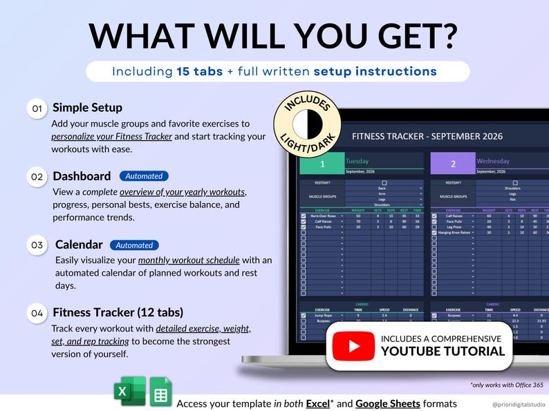 Workout Planner Spreadsheet for Google Sheets & Excel in dark mode featuring a Fitness Tracker, Exercise Log, Gym Planner, Weightlifting Log, Workout Calendar, and Weight Loss Tracker. Track sets, reps, weight, cardio workouts, and training progress with automated dashboards, workout analytics, exercise tracking, monthly calendar views, and yearly fitness reports. Perfect for gym training, Pilates, athletic training, health and wellness, and personal fitness goals.
