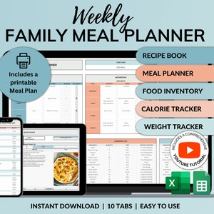 May include: A digital planner for meal planning, with tabs for recipe book, meal planner, food inventory, calorie tracker, and weight tracker. The planner is shown on a laptop screen with a printable meal plan included. The planner is available for instant download and includes a YouTube tutorial.