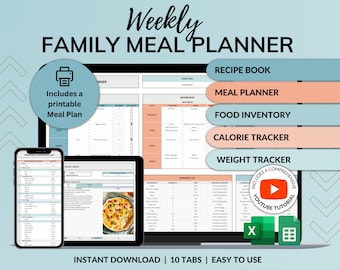 Planificador de comidas semanal, Hoja de cálculo de Google Sheets, Diario de recetas de Excel, Registro de calorías, Lista de compras automática, Registro de pérdida de peso, Inventario de alimentos