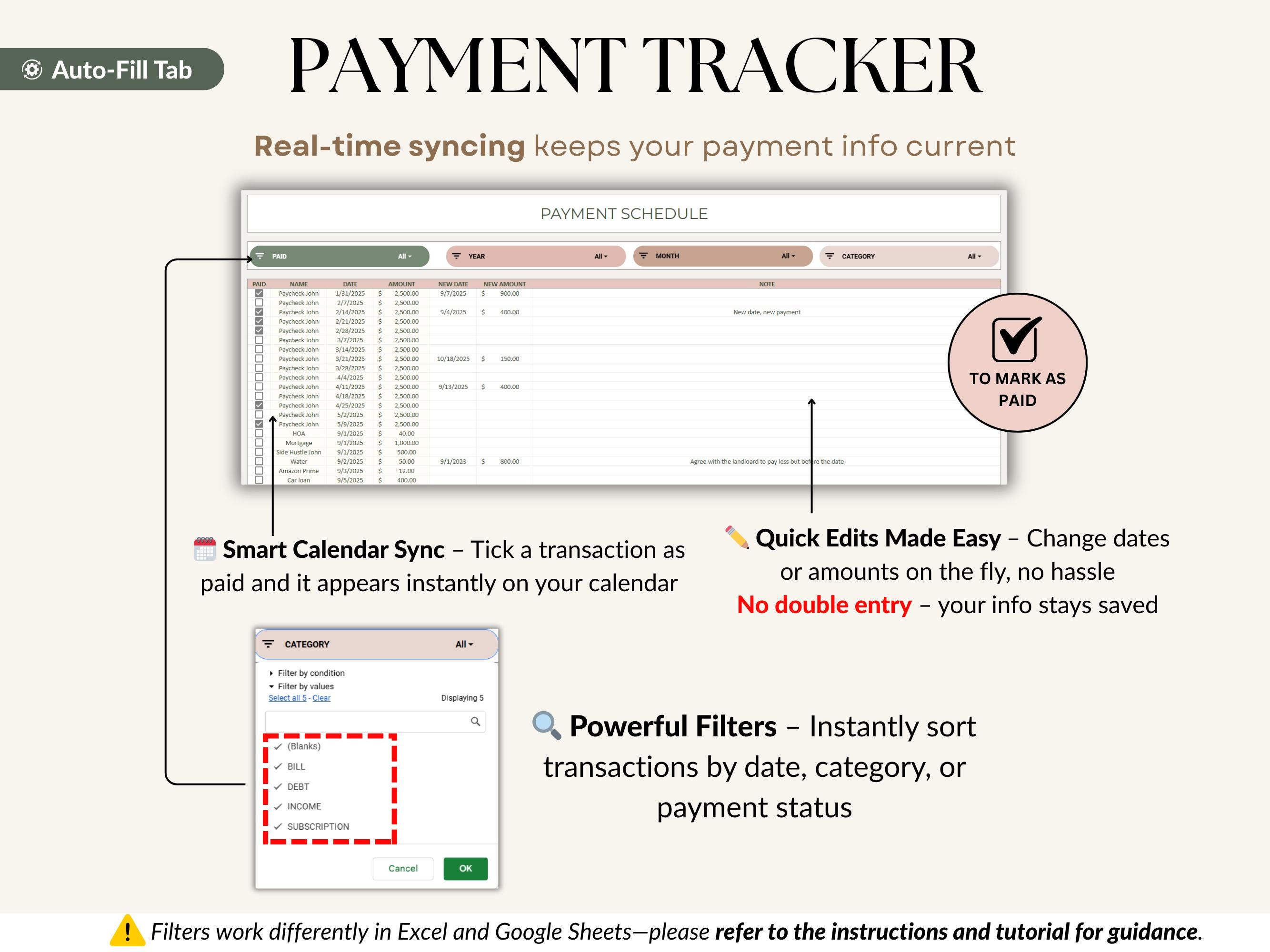 Bill Tracker Spreadsheet Google Sheets Bill Calendar Excel Bill Planner ...