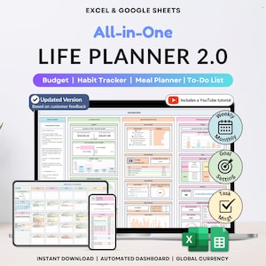 Life Planner for Googles Sheets Excel Digital Organizer Budget Tracker Daily To Do List Monthly Calendar Weekly Time Blocking Habit Tracker