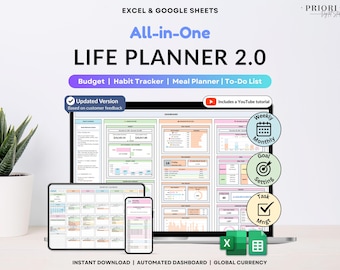 Life Planner for Googles Sheets Excel Digital Organizer Budget Tracker Daily To Do List Monthly Calendar Weekly Time Blocking Habit Tracker