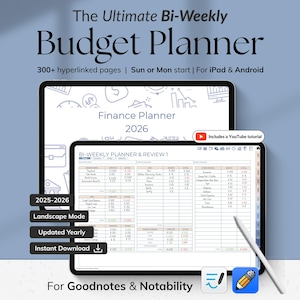 May include: Digital budget planner for iPad and Android, featuring a bi-weekly format. The planner includes over 300 hyperlinked pages, landscape mode, and yearly updates. The text on the image says "Finance Planner 2026" and "Includes a YouTube tutorial".