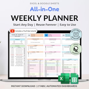 May include: A laptop displays a digital weekly planner with the text "All-in-One Weekly Planner." The planner is designed for Excel and Google Sheets, with sections for daily tasks and schedules. The screen also includes the text "Start Any Day | Reuse Forever | Easy to Use."