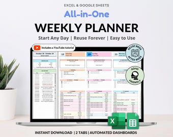Planificateur hebdomadaire, feuille de calcul, suivi des tâches quotidiennes, feuilles de calcul Google, planificateur hebdomadaire pour le TDAH, planificateur Excel par tranches de temps, liste de tâches, planificateur de productivité