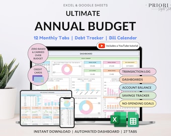 Ultimate Annual Budget Spreadsheet Monthly Budget Tracker Couple Financial Planner Bill Tracker Debt Tracker Savings Excel Google Sheets
