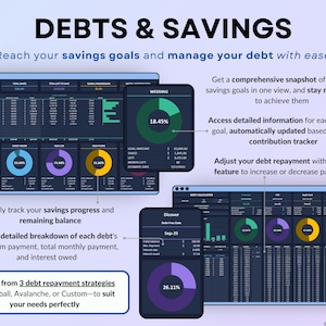 Income and Expense Tracker Spreadsheet in dark mode. Personal finance template for Google Sheets and Excel featuring transaction log, dashboards, annual totals, automated calendar, 12 monthly tabs, sinking funds, debt calculator, net worth tracker, and no-spend challenge.