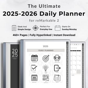 reMarkable Planner Daily Planner 2025 2026 Daily Journal reMarkable 2 Template Digital Planner Minimalist Hyperlinked Planner for reMarkable