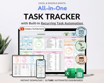Plantilla de hoja de cálculo de seguimiento de tareas Hojas de cálculo de Google Lista de tareas digitales de Excel Lista de prioridades de tareas diarias Organización del trabajo Gestión de proyectos en equipo