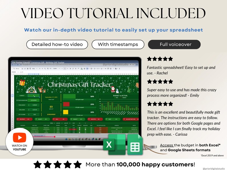 All-Occasion Gift Tracker Spreadsheet for birthdays, weddings, baby showers, and special occasions. Track recipient names, gift ideas, stores, budgets, and spending in one easy dashboard. Monitor progress for each gift, compare budget vs actual costs, and keep everything organized. Works with any currency and simplifies gift planning, shopping, and budgeting for stress-free gifting all year round.