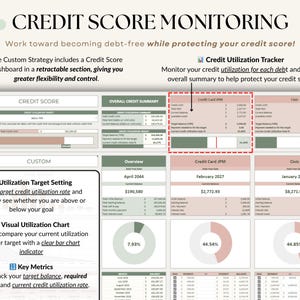 Ultimate Debt Dashboard spreadsheet to track and pay off debt with snowball, avalanche, or custom strategy with custom payment amounts. Includes debt payoff tracker, debt payoff spreadsheet, credit card and loan tracker, mortgage and student loan payoff calculator, credit score tracker and credit utilization tracking, monthly dashboard, repayment calculator. Google Sheets and Excel debt tracker for personal finance, budget planner, financial planner.