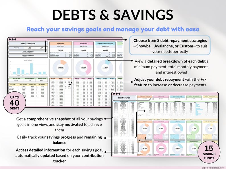 Ultimate Budget Spreadsheet Multicolored theme for Google Sheets & Excel – Annual and Monthly Budget Tracker with Bill, Debt & Savings Tracking. Includes recurring transactions, subscriptions, income, and expenses. Perfect personal finance planner for couples or families (up to 6 users). Start anytime and manage your money with ease.