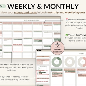 A complete YouTube creator planner in Excel and Google Sheets. Includes brand identity, goals, dashboard, monthly and weekly calendars, video content planning, 30-day schedule, collaboration tracker, and finance hub. Perfect for YouTubers, vloggers, and social media content creators to stay organized, plan videos, track progress, and grow their channel with a clear content strategy and planner system.