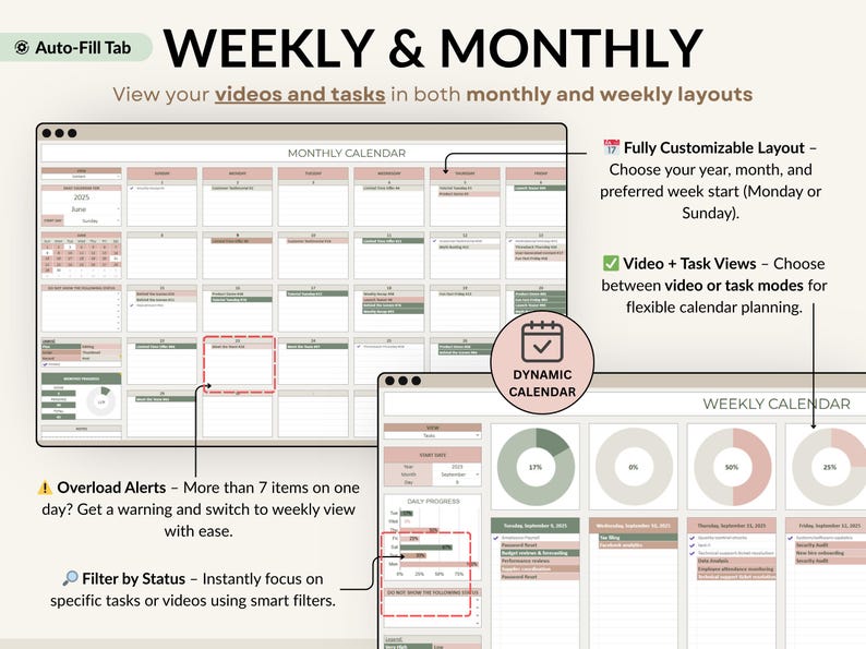 A complete YouTube creator planner in Excel and Google Sheets. Includes brand identity, goals, dashboard, monthly and weekly calendars, video content planning, 30-day schedule, collaboration tracker, and finance hub. Perfect for YouTubers, vloggers, and social media content creators to stay organized, plan videos, track progress, and grow their channel with a clear content strategy and planner system.