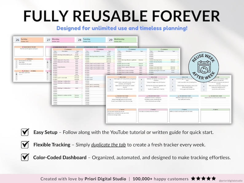 Perfect weekly planner with 1-week view including weekly and daily sections. ADHD weekly planner, time block planner, to do list, goal planner, habit tracker, and productivity planner. Works with Google Sheets and Excel. Ideal for organizing tasks, scheduling your week, tracking goals, and managing personal, family, and work routines efficiently.