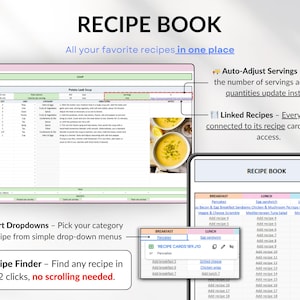 Weekly Meal Planner Spreadsheet for Google Sheets and Excel – organize your family meals, track recipes, plan grocery lists, monitor calories and macros, log hydration and weight, and manage food inventory automatically. Includes 15 tabs for recipes, meal scheduling, printable shopping lists, and weight loss tracking. Perfect for efficient meal planning and healthy eating.