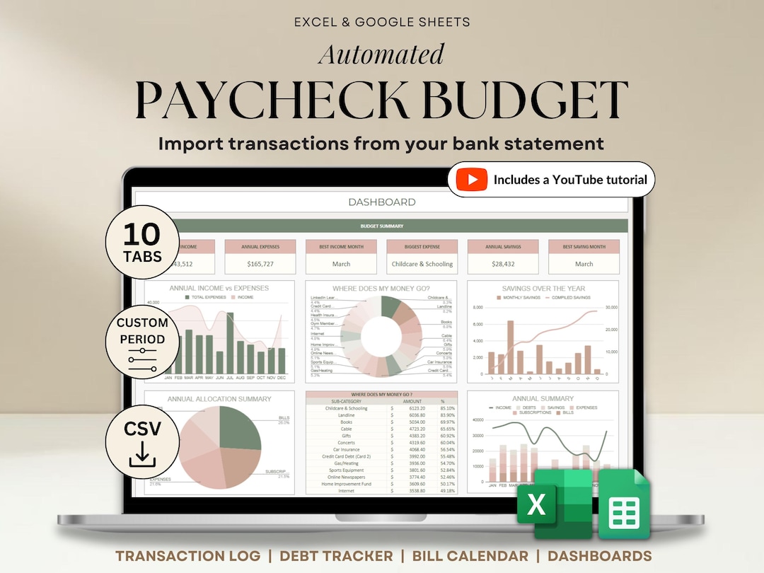 Paycheck Budget Planner Excel & Google Sheets Template Weekly Paycheck ...