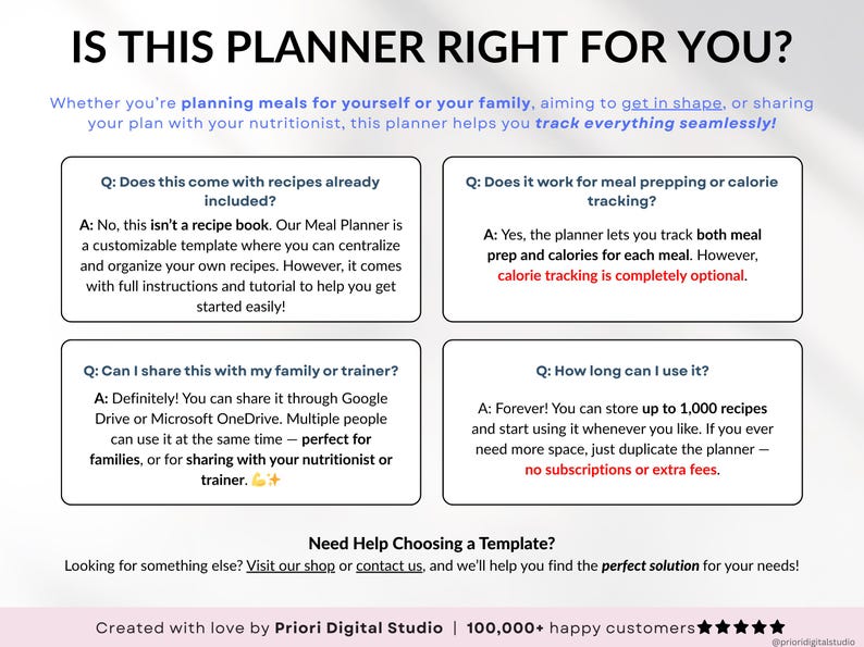 Weekly Meal Planner Spreadsheet for Google Sheets and Excel – organize your family meals, track recipes, plan grocery lists, monitor calories and macros, log hydration and weight, and manage food inventory automatically. Includes 15 tabs for recipes, meal scheduling, printable shopping lists, and weight loss tracking. Perfect for efficient meal planning and healthy eating.