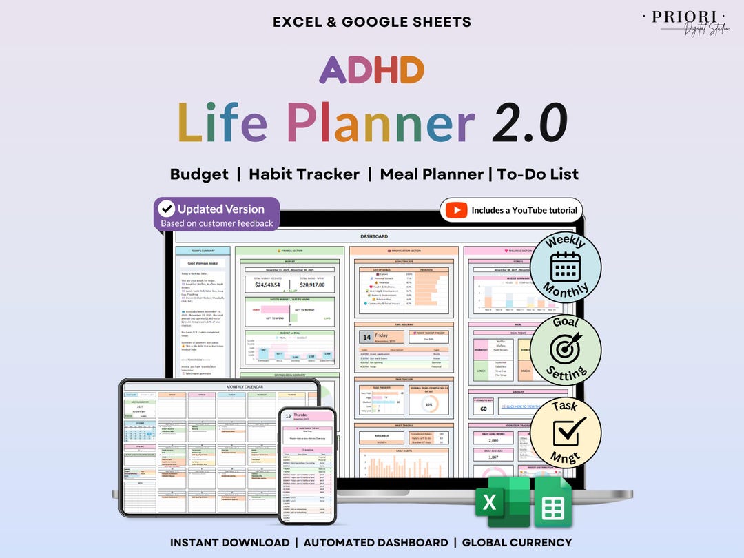 ADHD Life Planner Google Sheets Daily Planner Budget Tracker Excel ...