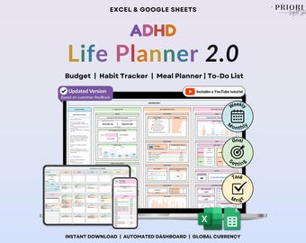 ADHD Life Planner Google Sheets Daily Planner Budget Tracker Excel Productivity Planner Habit Tracker Monthly Calendar Weekly To Do List