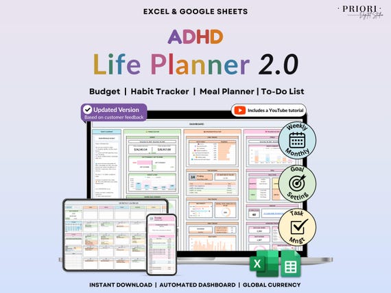 ADHD Life Planner Google Sheets Daily Planner Budget Tracker Excel Productivity Planner Habit Tracker Monthly Calendar Weekly To Do List
