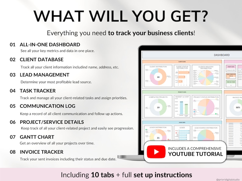 Client Tracker Spreadsheet for Small Business w/ Task Tracker Customer CRM Dashboard Google Sheets Excel Lead Management Invoice Tracker