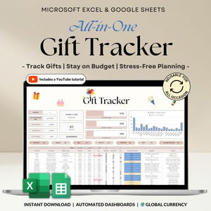 Könnte beinhalten: Ein Laptop-Bildschirm zeigt eine Geschenk-Tracker-Tabelle mit dem Text "All-in-One Gift Tracker". Der Bildschirm zeigt Datentabellen, Diagramme und Symbole. Das Bild enthält den Text "Track Gifts | Stay on Budget | Stress-Free Planning".