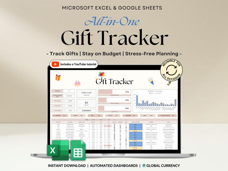 All-Occasion Gift Tracker Spreadsheet for birthdays, weddings, baby showers, and special occasions. Track recipient names, gift ideas, stores, budgets, and spending in one easy dashboard. Monitor progress for each gift, compare budget vs actual costs, and keep everything organized. Works with any currency and simplifies gift planning, shopping, and budgeting for stress-free gifting all year round.
