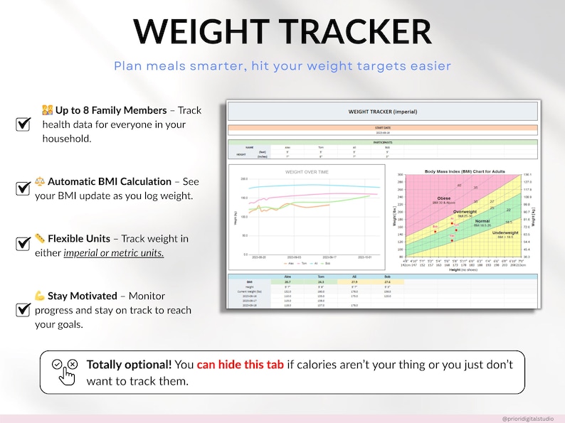 Weekly Meal Planner Spreadsheet for Google Sheets and Excel – organize your family meals, track recipes, plan grocery lists, monitor calories and macros, log hydration and weight, and manage food inventory automatically. Includes 15 tabs for recipes, meal scheduling, printable shopping lists, and weight loss tracking. Perfect for efficient meal planning and healthy eating.