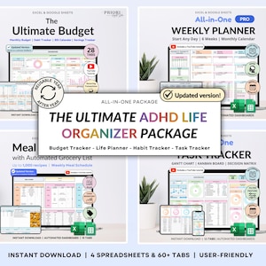 May include: A digital organiser package for ADHD, including budget, planner, and tracker spreadsheets. The "Ultimate ADHD Life Organizer Package" offers weekly planning, meal tracking, and task management. Features automated dashboards and is user-friendly.
