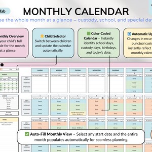 Busy Mom Life Organizer Bundle for Excel and Google Sheets featuring a complete co-parenting tracker, annual budget planner, life planner, meal planner, habit tracker, time blocking, and daily task tracker. Includes calendars, dashboards, custody schedules, expense tracking, savings, debt, goals, and productivity tools for organized family life.